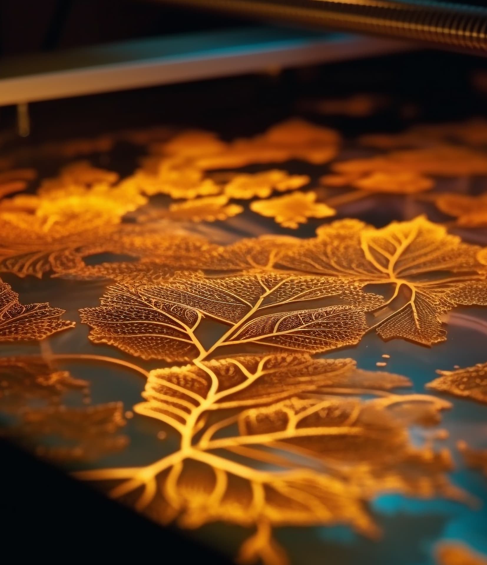 Detail laserom gravírovaného zlatého listového vzoru